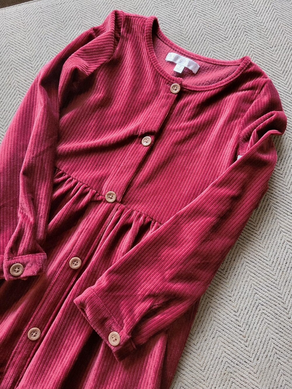 Biscotti Girls' Burgundy/ Wine Velvet Ribbed Button-Front Dress  - Size 7